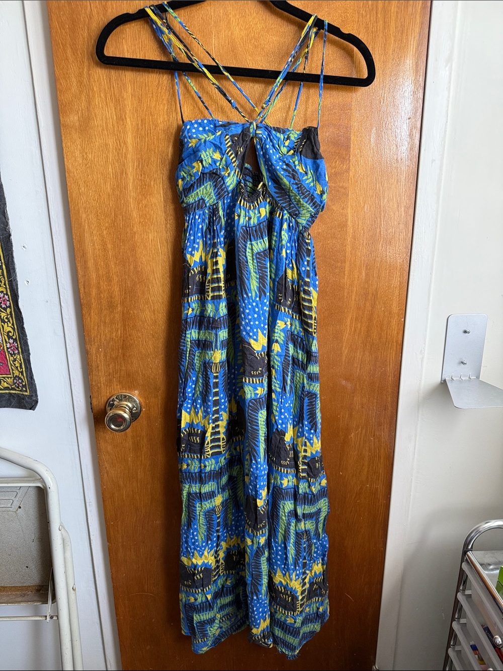 Anthropologie Blue, Yellow & Green Printed Strappy Maxi Dress